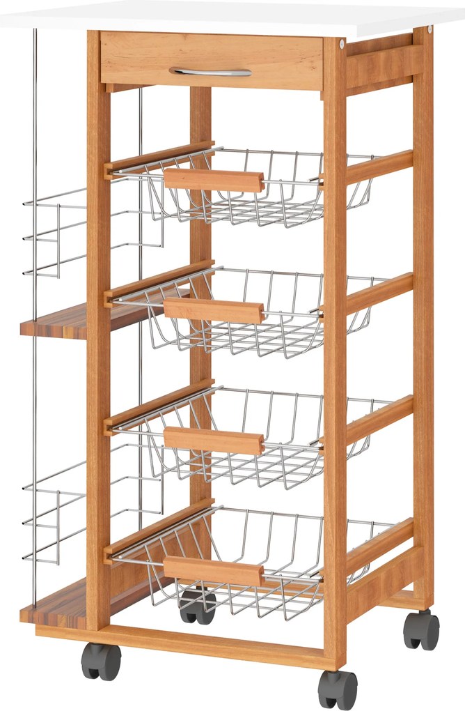 HOMCOM Konyhai Kocsi Kerekekkel, Többcélú Kocsi Fiókkal, 4 Leszedhető Fém Kosárral és Oldalsó Polcokkal 47x37x83 cm Természetes Fából | Aosom