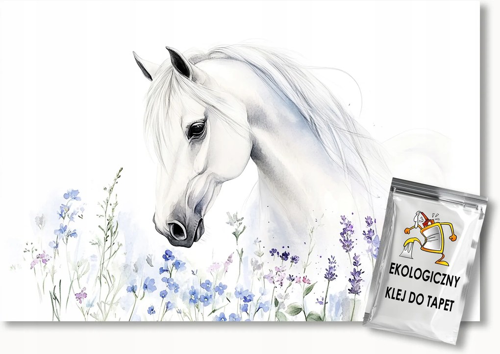 Fotótapéta Flizelina Fehér Ló Virágok Levendula Nefelejcs 100x75 ragasztó