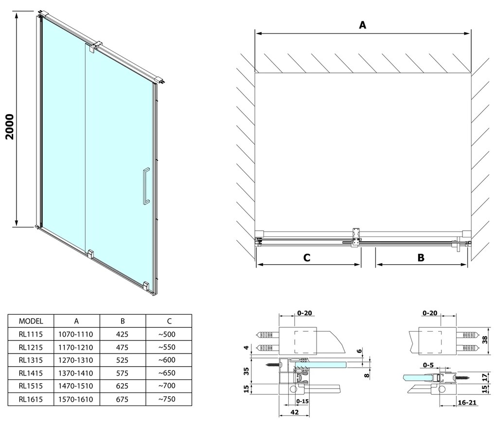 Sapho, ROLLS LINE zuhanyajtó 1200mm, magasság 2000mm, átlátszó üveg