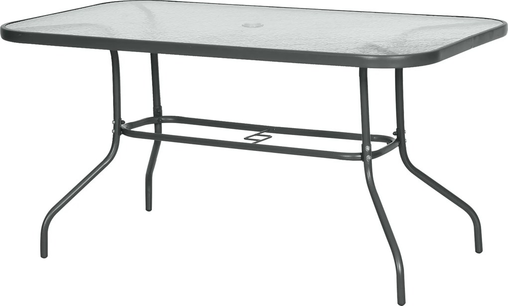 Outsunny Téglalap alakú Kültéri Kerti Asztal Ívelt Fém Élekkel és Napernyő Nyílással Edzett Üveg 70kg Teherbírás 140x80x70 cm Sötétszürke | Aosom