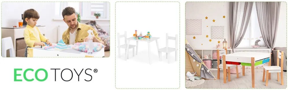 Fa gyerekasztal 2 székkel fehér