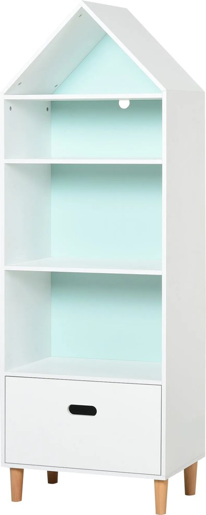 HOMCOM Gyermek Könyvespolc Fából Készült Könyvespolc Gyerekeknek 4 Polccal és 1 Fiókkal, 2 Színsém, Kompakt Méret (50x30x142 cm) - Fehér | Aosom