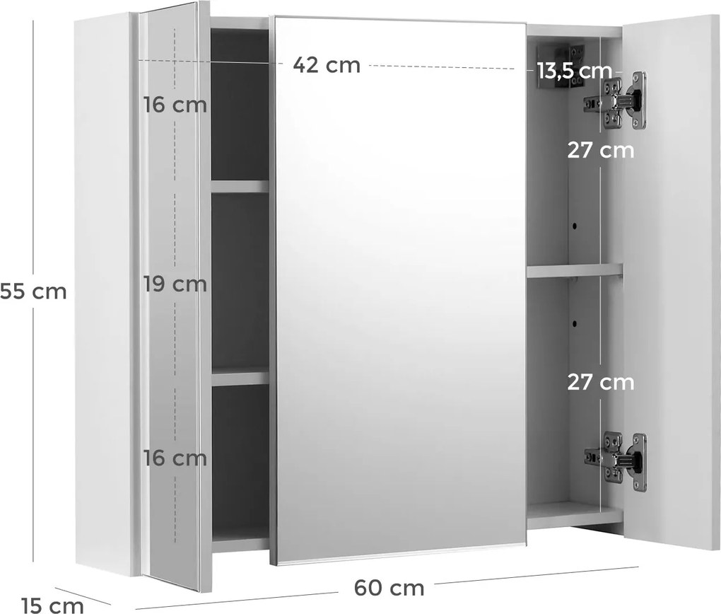 Fali fürdőszobaszekrény tükörrel, 3 ajtós tárolószekrény, 60 x 15 x 55 cm, fehér