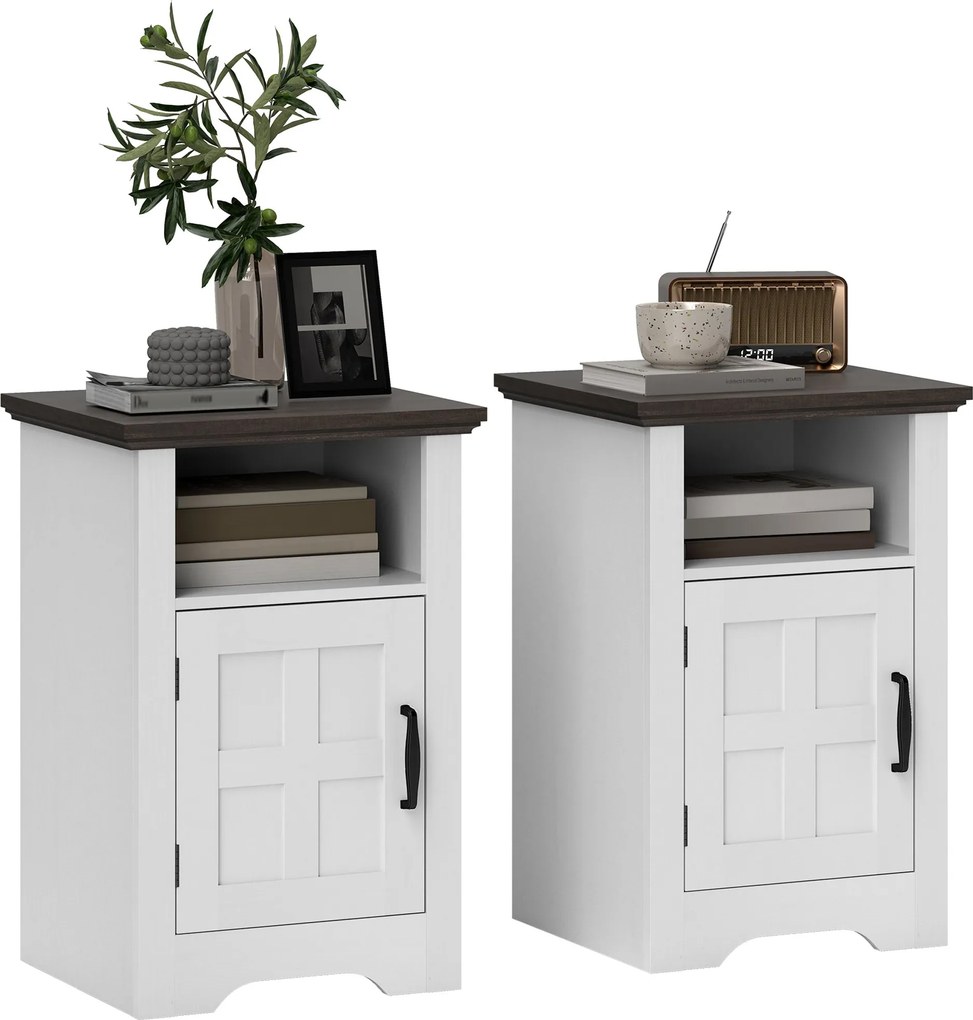 HOMCOM 2 db oldalsó asztal a nappaliba éjjeli szekrényekhez, pajta stílusú ajtóval és nyitott polccal, kicsi rusztikus kávézóasztalok hálószobához, fe