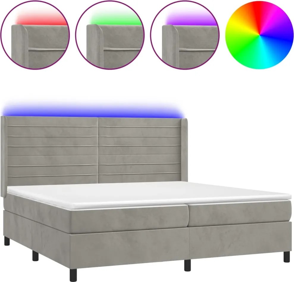 vidaXL világosszürke bársony rugós és LED-es ágy matraccal 200x200 cm