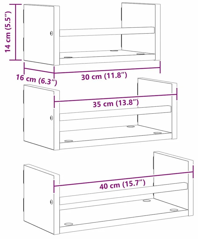 Fali polc készlet polcokkal 3 pcs Öreg fa 40x16x14cm Faanyag