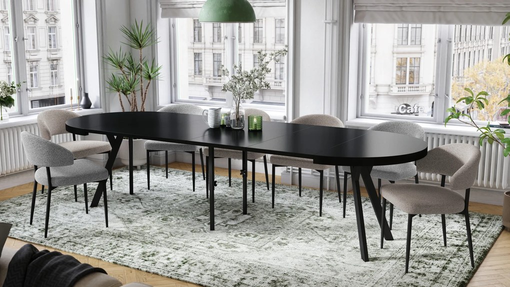 Mazzoni EXPANSO Fekete Matt/fekete lábak - LOFT/IPARI STÍLUSÚ 310 cm-re BŐVÍTHETŐ NAGY KEREK ASZTAL Ø110 Y LÁBAKKAL