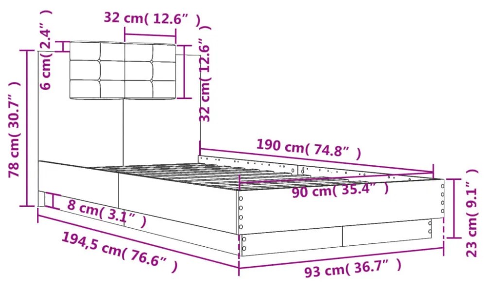 betonszürke szerelt fa ágykeret fejtámlával 90 x 190 cm