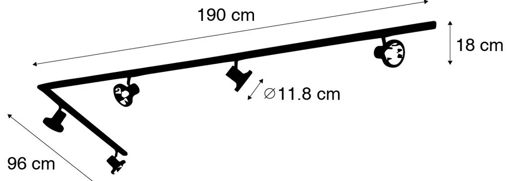 Modern sínrendszer 5 fekete spotlámpával, 1 fázisú, 300 cm - Iconic Jeany