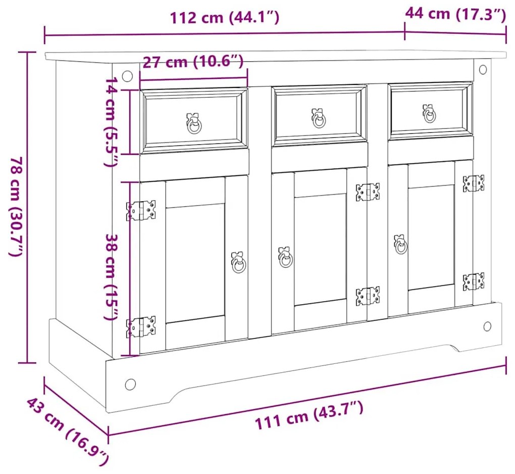 tömör mexikói fenyőfa Corona&quot; tálalószekrény 112 x 44 x 78 cm&quot;