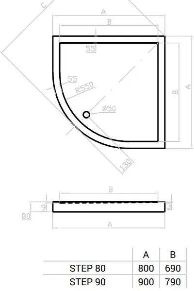 Favorit ULTRA SLIM zuhanytálca íves - szaniter akril - leeresztővel - szifonnal - 80 x 80 cm
