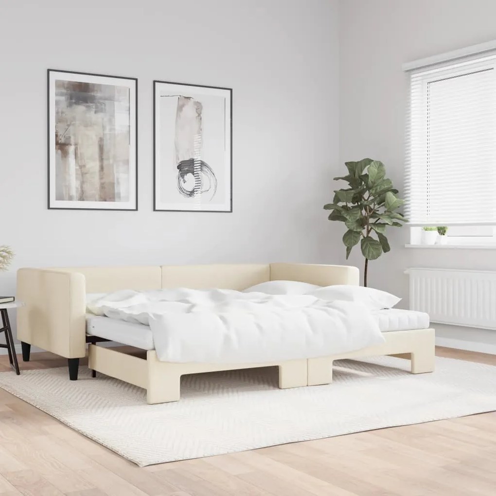 krémszínű kihúzható szövet heverő matracokkal 100x200 cm
