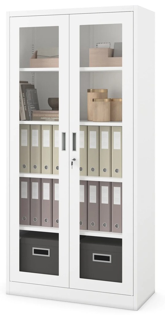 Vitrines fém szekrény üvegezett ajtókkal AMELIA, 900 x 1850 x 400 mm, fehér