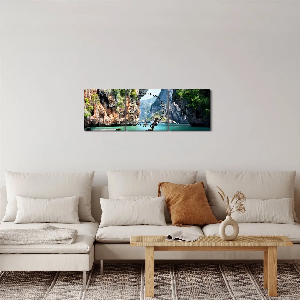 Kép - Víz mediterrán táj csónakkal (órával) (90x30 cm)