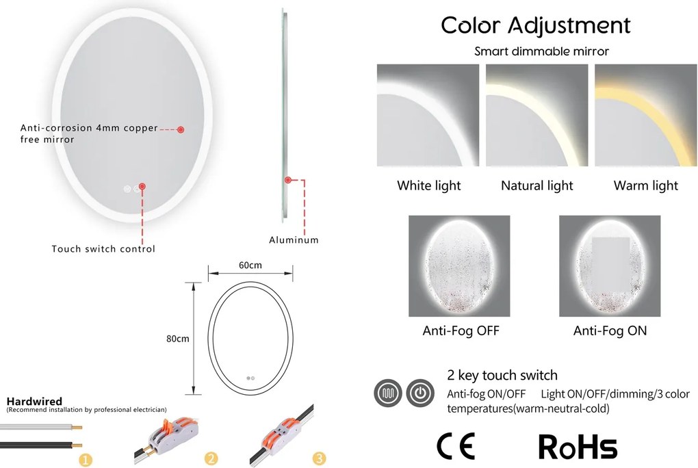 Erga Paola, ovális LED tükör 60x80cm, 2070 lm, 3 fényszín, első és hátsó világítás, ERG-V01-302-6080-00