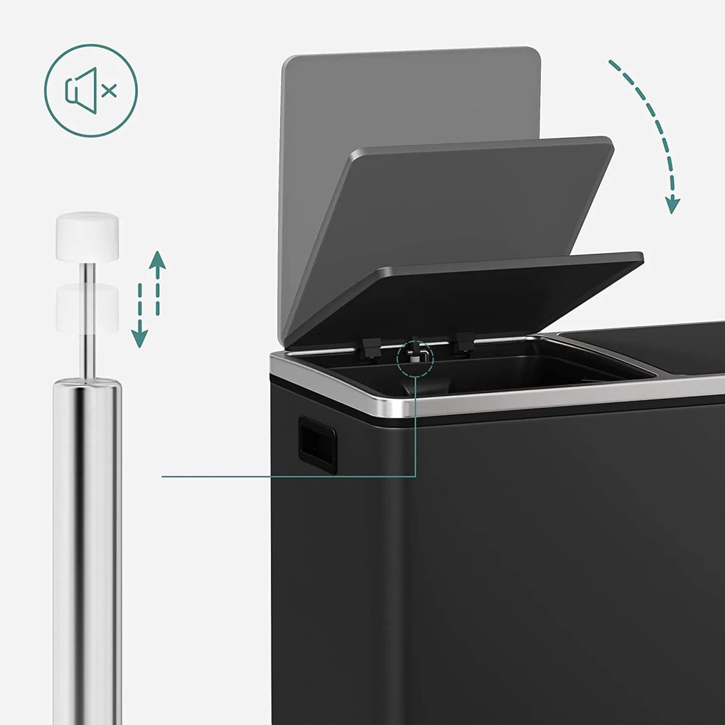 Légmentes fém pedálos dupla szemetes 2 x 30l, 15 szemeteszsákkal, fekete