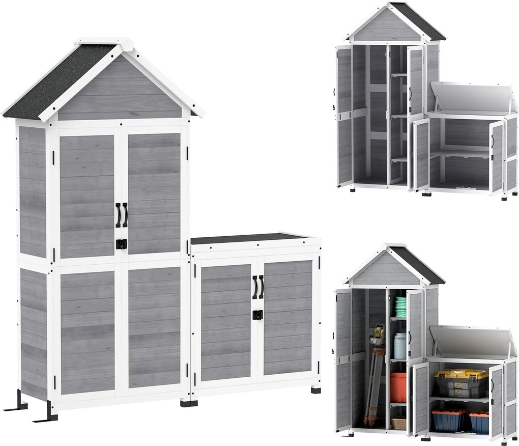 Outsunny 2 az 1-ben Kerti Szekrény Fa, Szerszámtároló Zárolható Ajtóval, Penta Tetővel, Polccal 89x51x182cm, Időjárásálló Szerszámtároló, Szerszámtáro