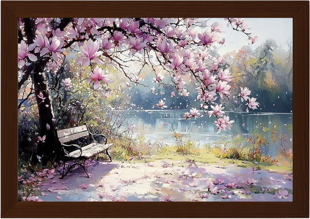 Poszter Keret Fa Tájkép Park Folyó Fa Virágok Magnólia 60x40