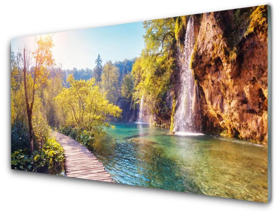 Modern üvegkép Lake Landscape Waterfall 140x70 cm