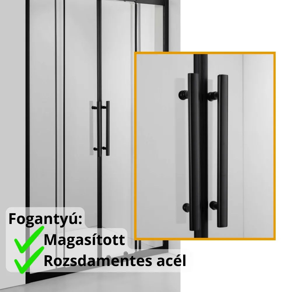 Stuxi Sydney Black 180 cm széles két tolóajtós zuhanyajtó 6 mm vastag vízlepergető biztonsági üveggel, fekete elemekkel, 200 cm magas