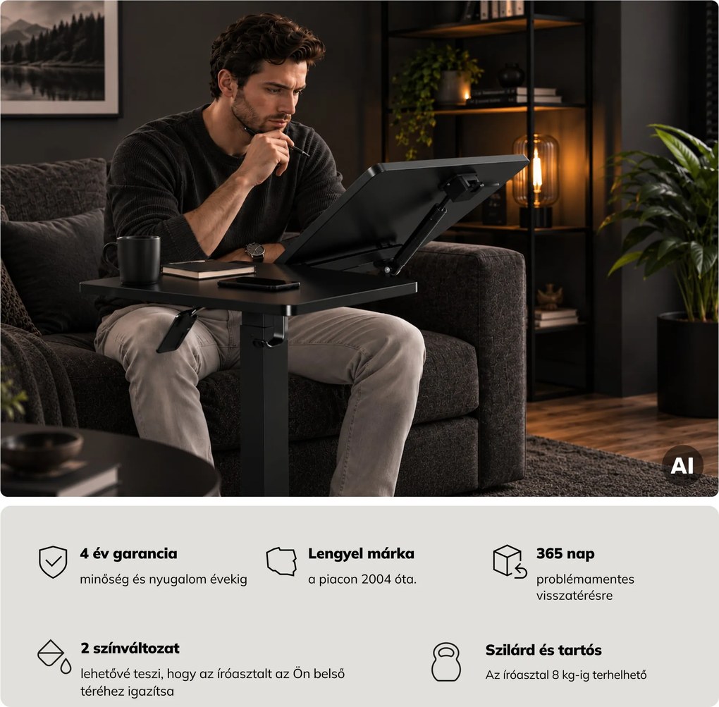 Laptopasztal állítható, mobil, multifunkciós, fekete: BILL