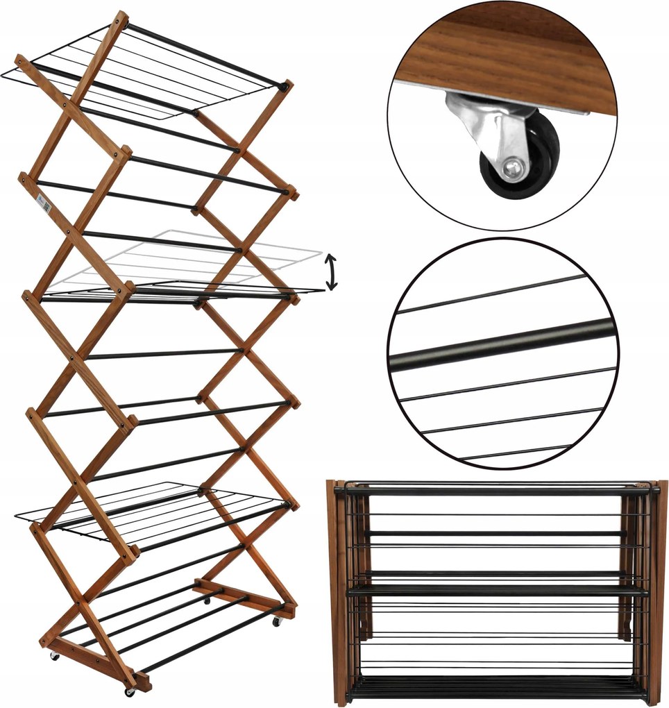 Ruhaszárító Fa Függőleges Polcokkal Összecsukható Kerekek Nagy Öko Acél