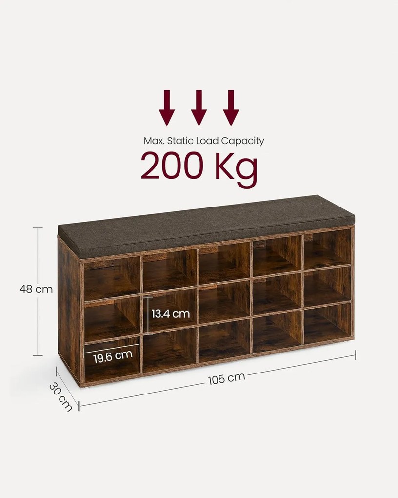 Cipőtartó pad, tárolós pad párnázott ülőfelülettel 30 × 105 × 48 cm, rusztikus barna színben