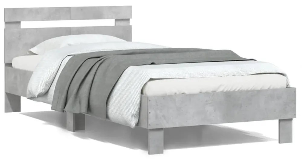 betonszürke ágykeret fejtámlával és LED-világítással 100x200 cm