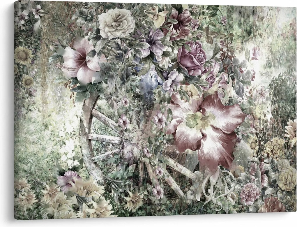 Virágok képe egy fából készült kerékpáron (70x50 cm)