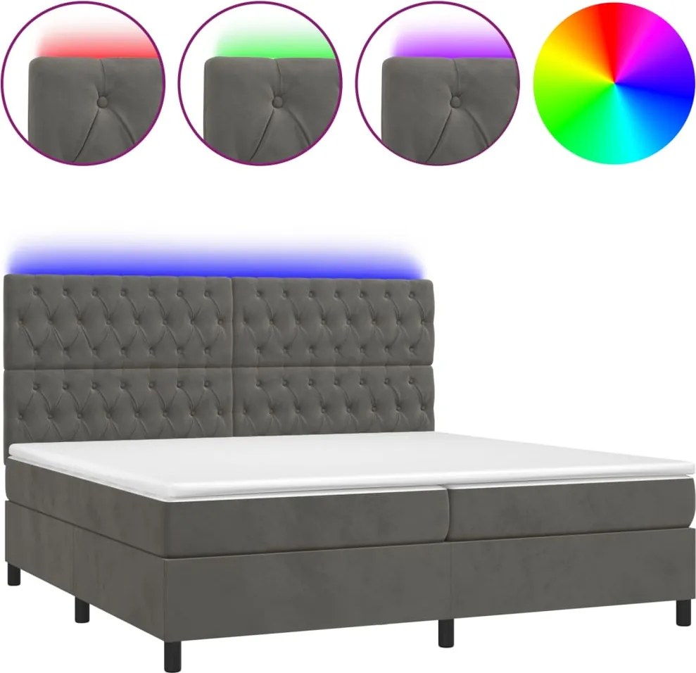 vidaXL sötétszürke bársony rugós és LED-es ágy matraccal 200x200 cm