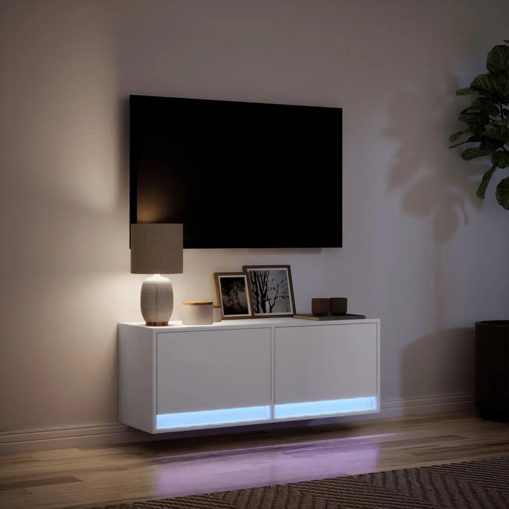 fehér falra szerelhető TV-szekrény LED-lámpákkal 100x31x35 cm