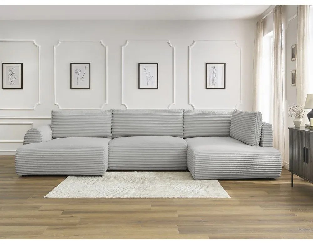 Világosszürke kordbársony kinyitható sarokkanapé (bal oldali-U alakú) Lucien – Bobochic Paris