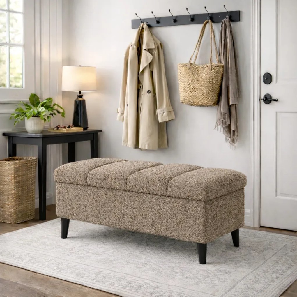 Puff tárolórekesszel, nyitható puff, bouclé, kárpitozott pad 60cm