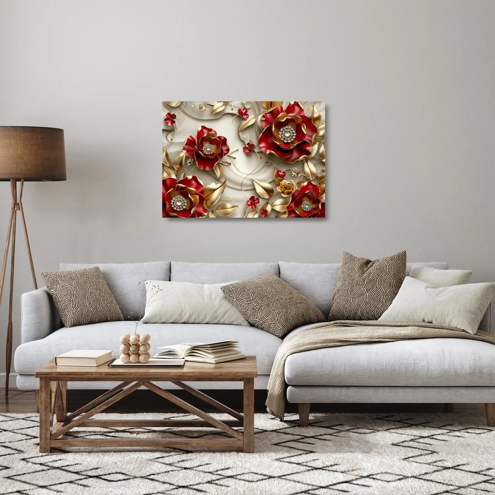 Üveg kép - 3D piros-arany virágok (70x50 cm)