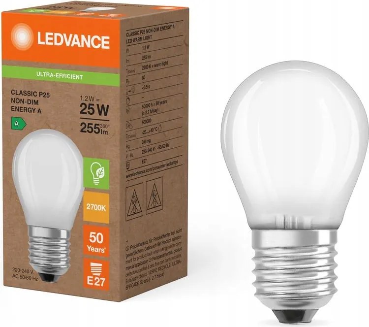 Led izzó Golyó E27 P45 1.2W 25W 255lm 2700K Meleg 330° Ledvance