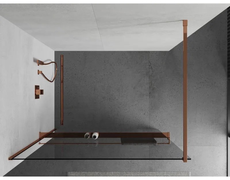 Mexen Kioto +, zuhany paraván polccal és törölközőtartóval 90 x 200 cm, 8mm átlátszó üveg, rózsa arany profil, 800-090-121-60-00