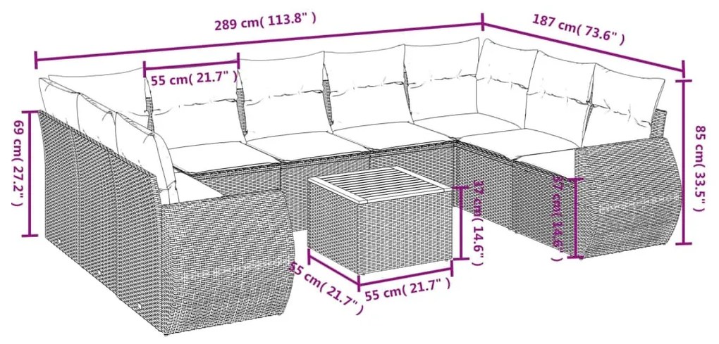 10 részes fekete polyrattan kerti ülőgarnitúra párnákkal