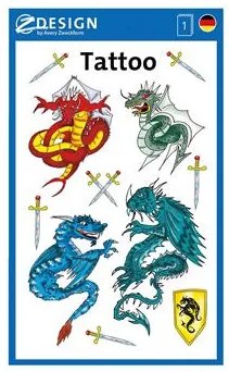 Matrica, tetoválás, 1 ív, 76x120 mm, AVERY ZWECKFORM, Z-Design No.56404, sárkányok (AY56404)
