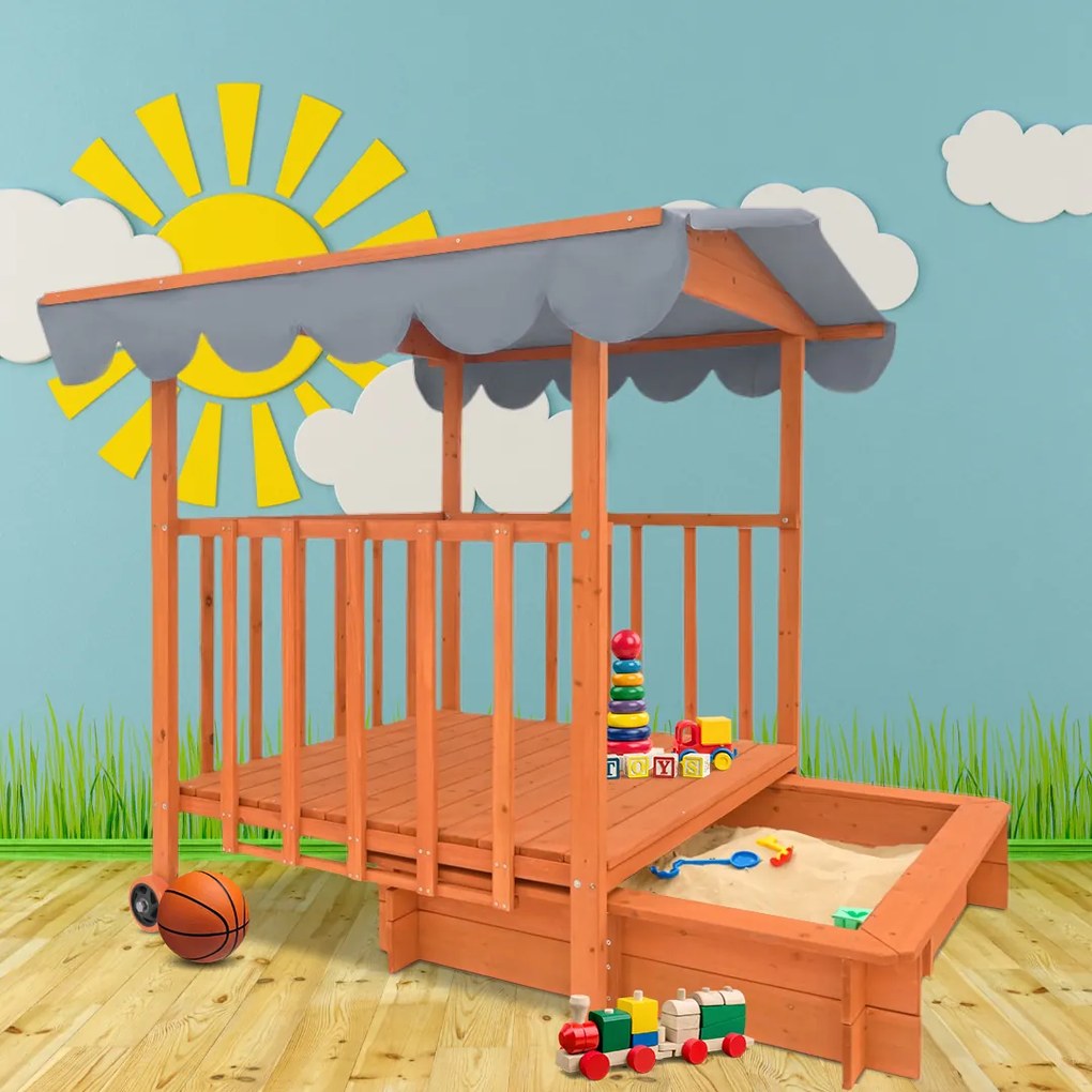 HAPPY homokozó verandával, tömör borókafenyőből 130 x 130 x 143 cm barna szürke Jurhan