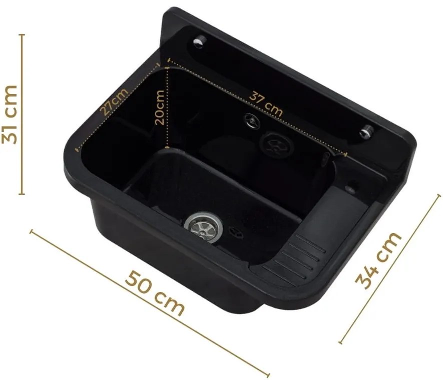 Mosogató Quality Universe, univerzális műanyag mosogató 50x34x31 cm + szifon, 1 kamrás, fekete, SKQ-KGK50-BK