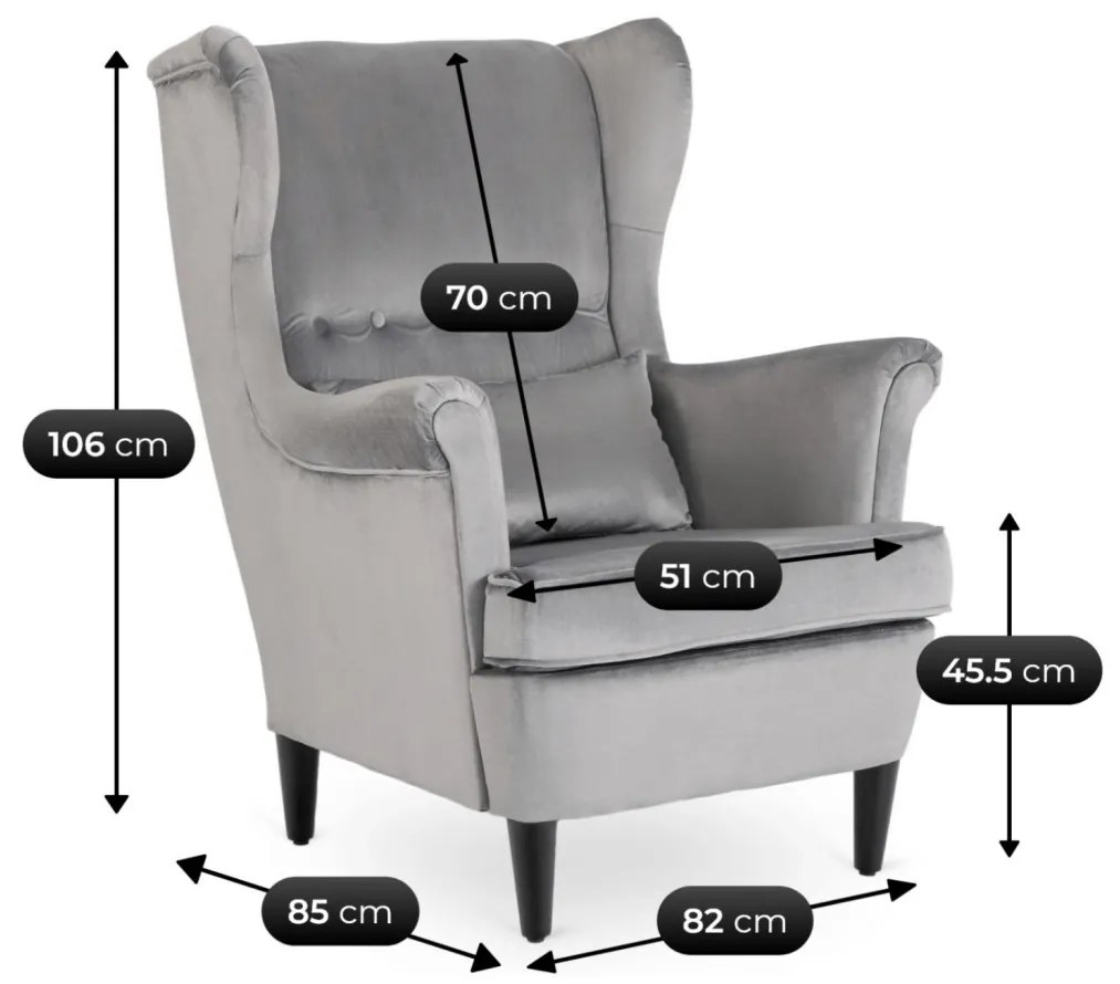Elegáns Füles Fotel Lábtartóval Szürke Bársony Kárpittal. EVAN 2