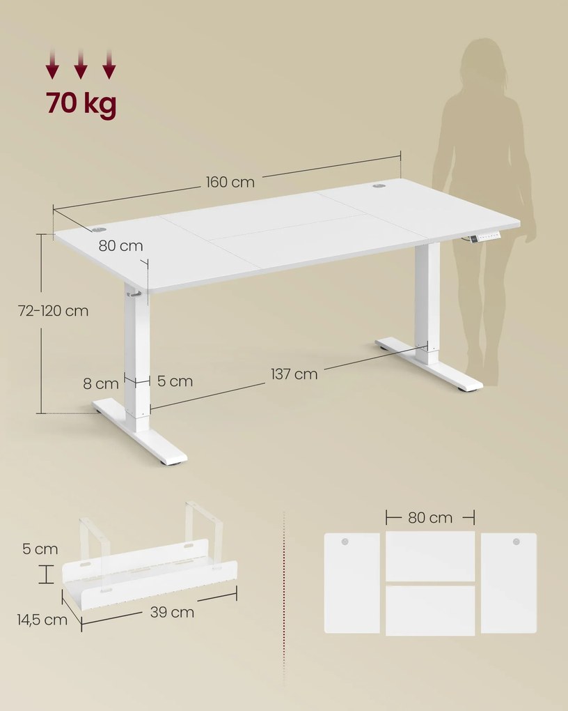 VASAGLE Elektromos állítható magasságú íróasztal USB-C porttal, 160x80 cm, fehér