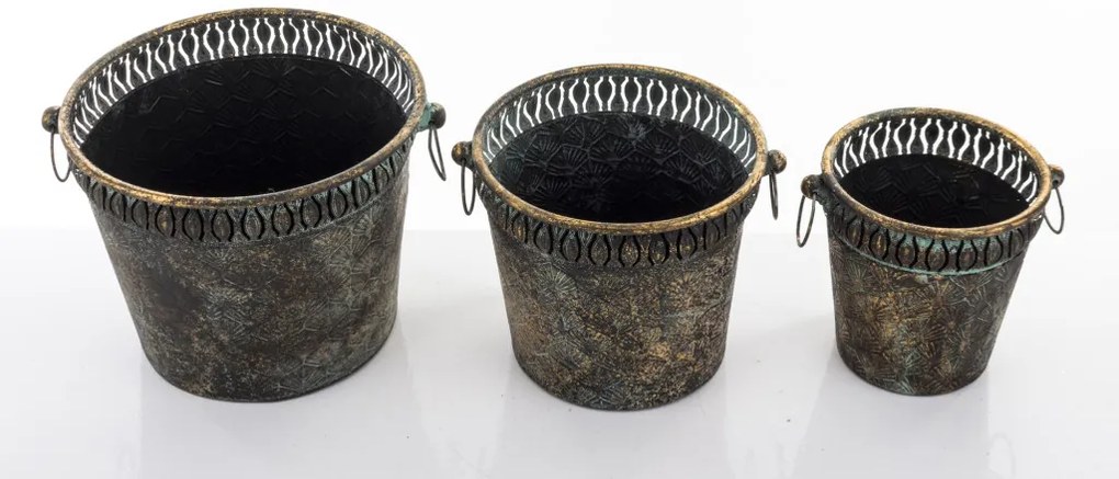 Kaspó 3 db-os szett, sötét arany fém, patinás 22x30.5x27.5 20x25x22 18x20x17cm