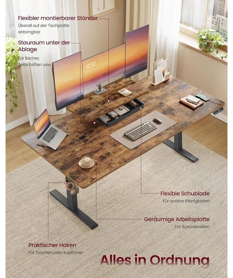 Magasságállítható íróasztal, 160 x 80 cm, vintage barna