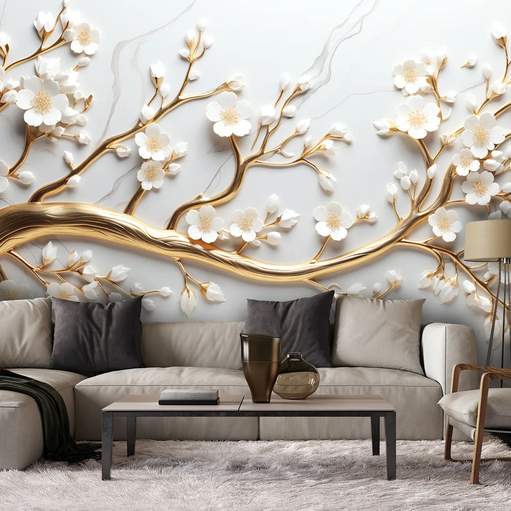 Gario Fotótapéta Fehér virágok egy arany ágon Anyag: Vlies, Méret: 400 x 280 cm