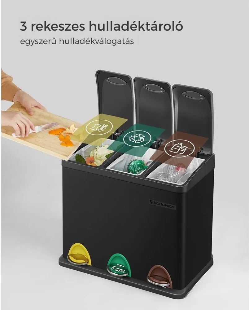 SORT szelektív hulladékgyűjtő, 24l (3x8l), fekete SongmicsHome