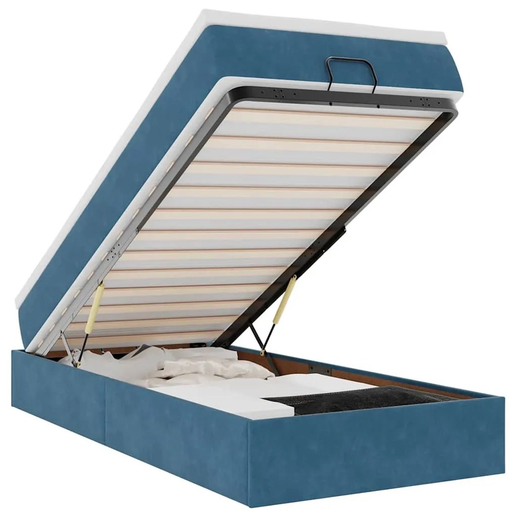 Ottomán ágykeret matraccal sötétkék 90x190cm bársony