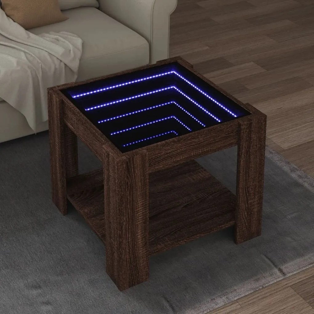 Barna tölgy szerelt fa dohányzóasztal LED-del 53 x 53 x 45 cm
