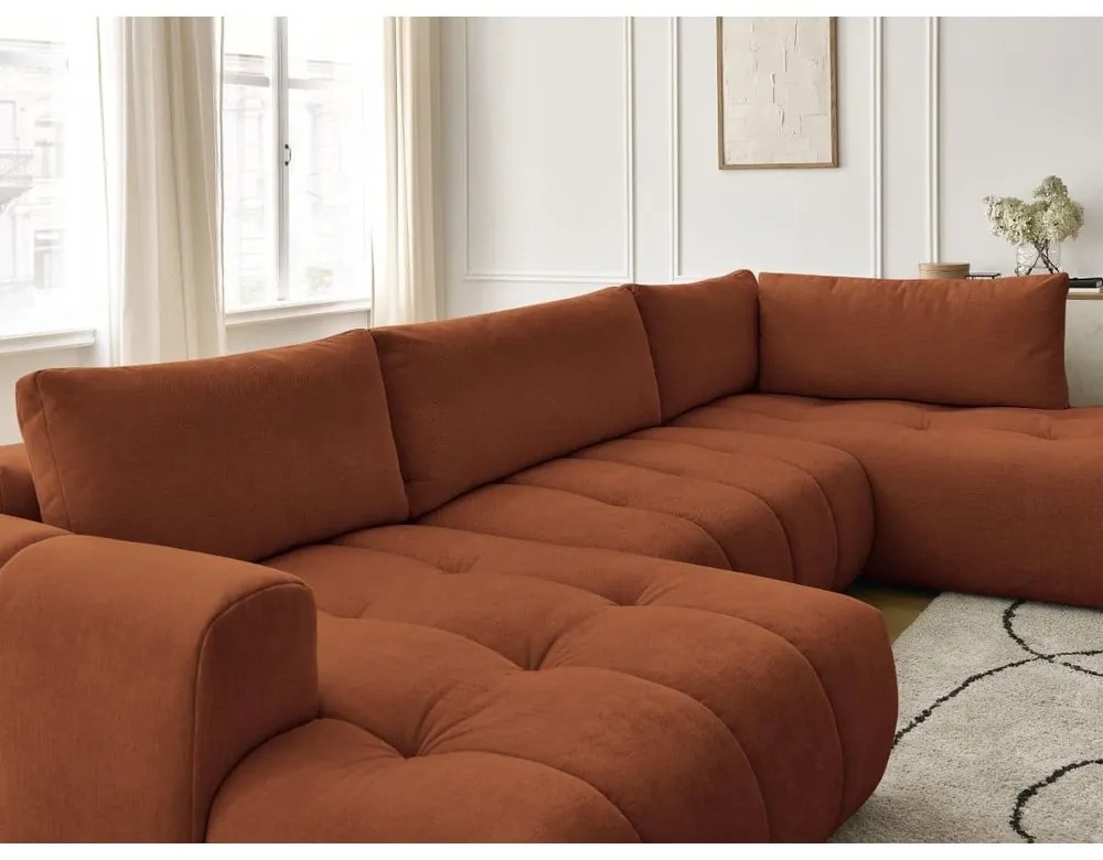 Téglavörös kinyitható-tárolóhelyes sarokkanapé (jobb oldali-U alakú) Fuji – Bobochic Paris