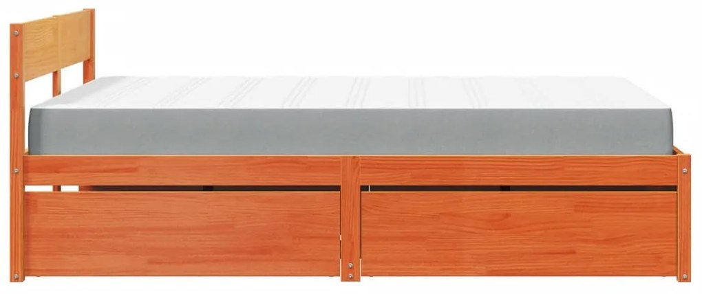 viaszbarna tömör fenyőfa ágy fiókokkal és matraccal 120x190 cm